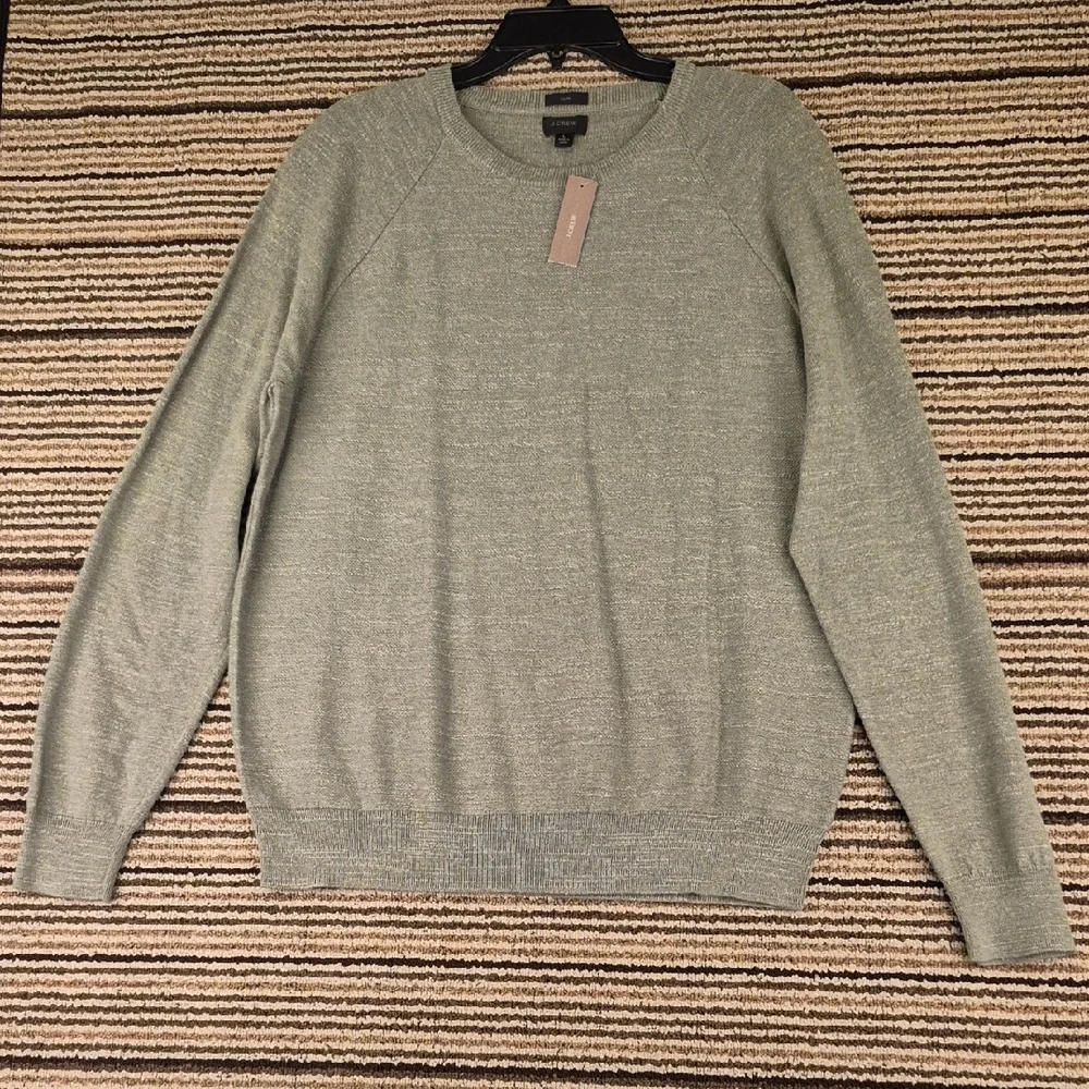 J CREW Green Weave Cotton Knit Mens Large Slim Crewneck Sweater C8445 NEW‎